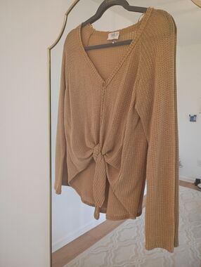 Twist-Front V-Neck Waffle Knit Sweater — Mustard Yellow